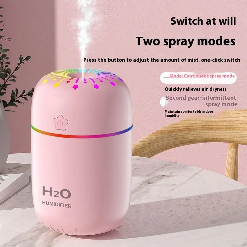White USB mini humidifier with 300ml water tank measuring 75x75x116mm