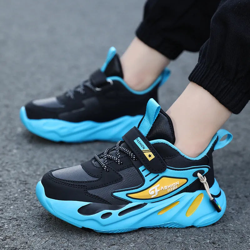 Boys' dark blue and black platform sports running shoes with Velcro strap and mesh upper.