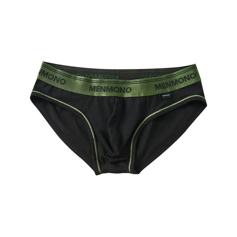 Men's low waist cotton briefs in a selection of solid colours including black and blue, white and red.