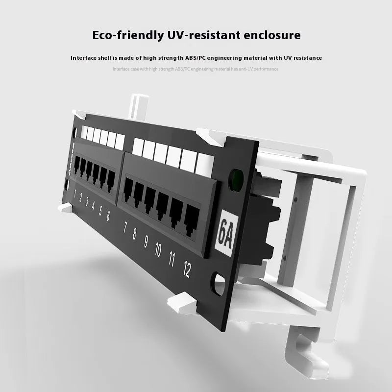 Black 12-port network distribution frame with cold rolled steel construction