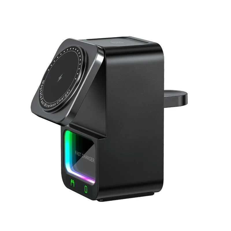 White Bluetooth speaker wireless charging station with magnetic phone holder on desk