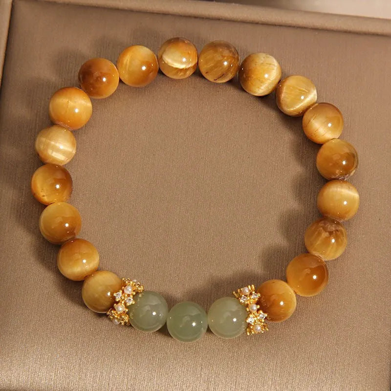 Natural yellow Tiger's Eye bracelet with Chinese auspicious patterns in U-shaped design