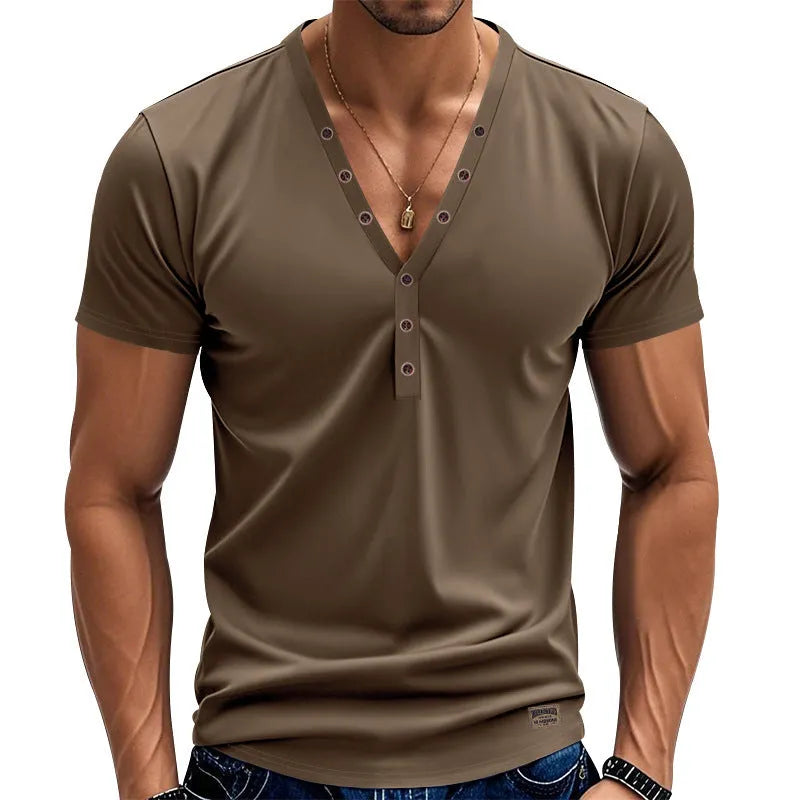 Men's loose fit solid colour V-neck pullover top with button detail on the chest.