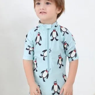 Boy's penguin long sleeves swimsuit one-piece with matching swim cap for sun protection