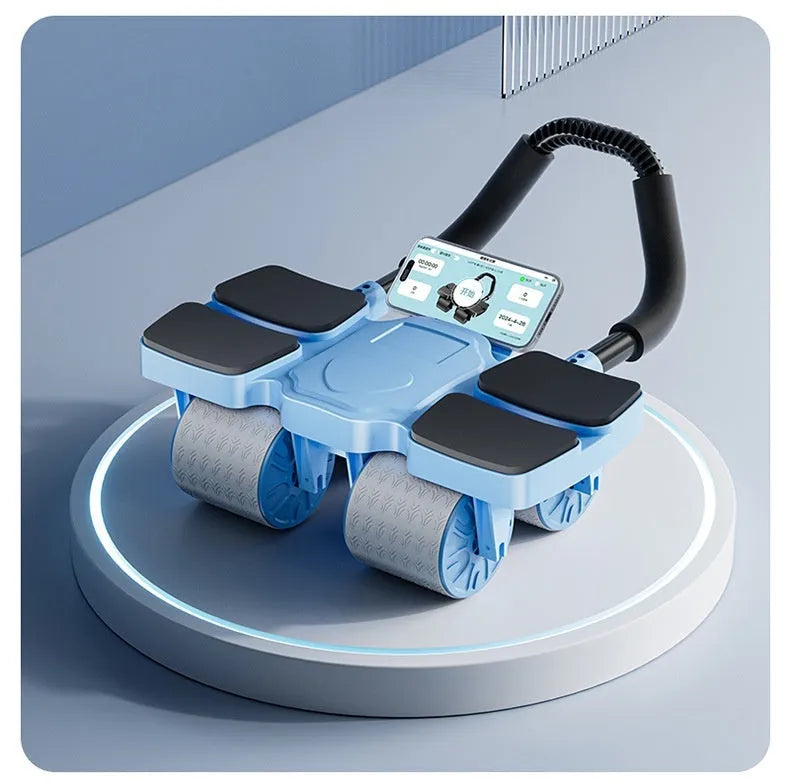 Abdominal exercise wheel with four wheels and automatic rebound mechanism in blue colour.