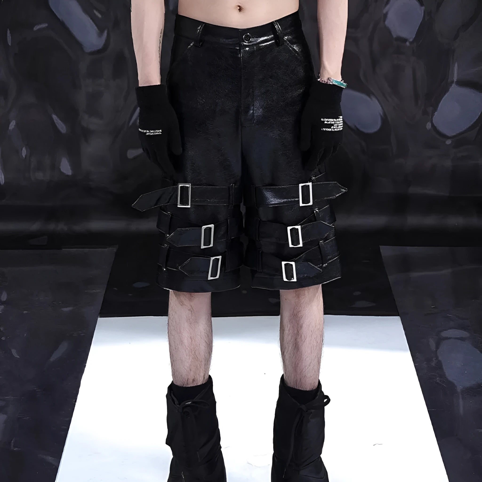 Men's black PU leather casual cropped shorts with a medium-low waist