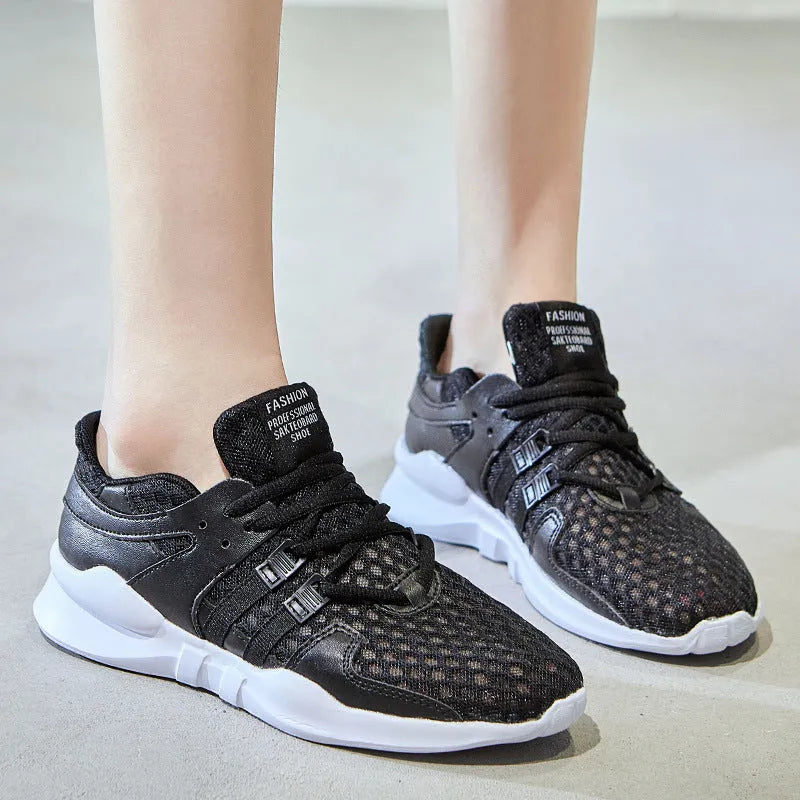 Breathable hollow-out mesh casual sneakers in black and white colour options with EVA sole