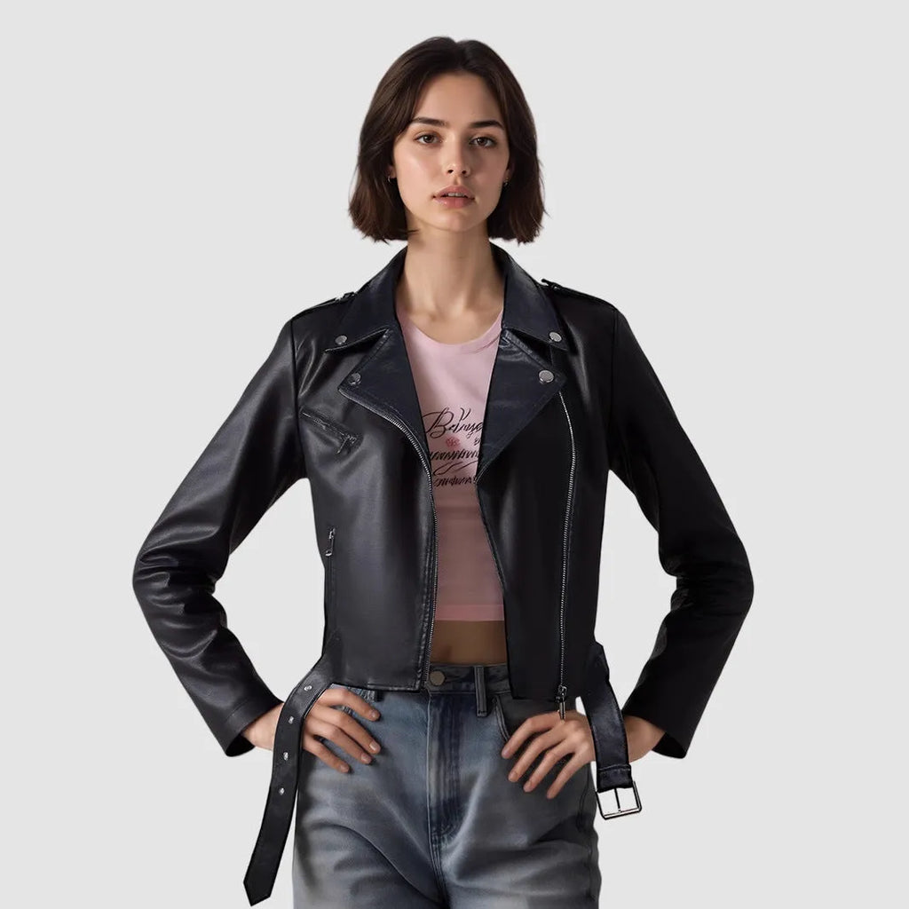 Women's red PU leather biker jacket with lapel collar and removable waist belt on a hanger.