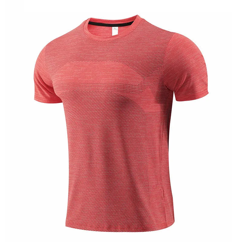 Men's red polyester spandex short sleeve sports t-shirt for running and basketball.