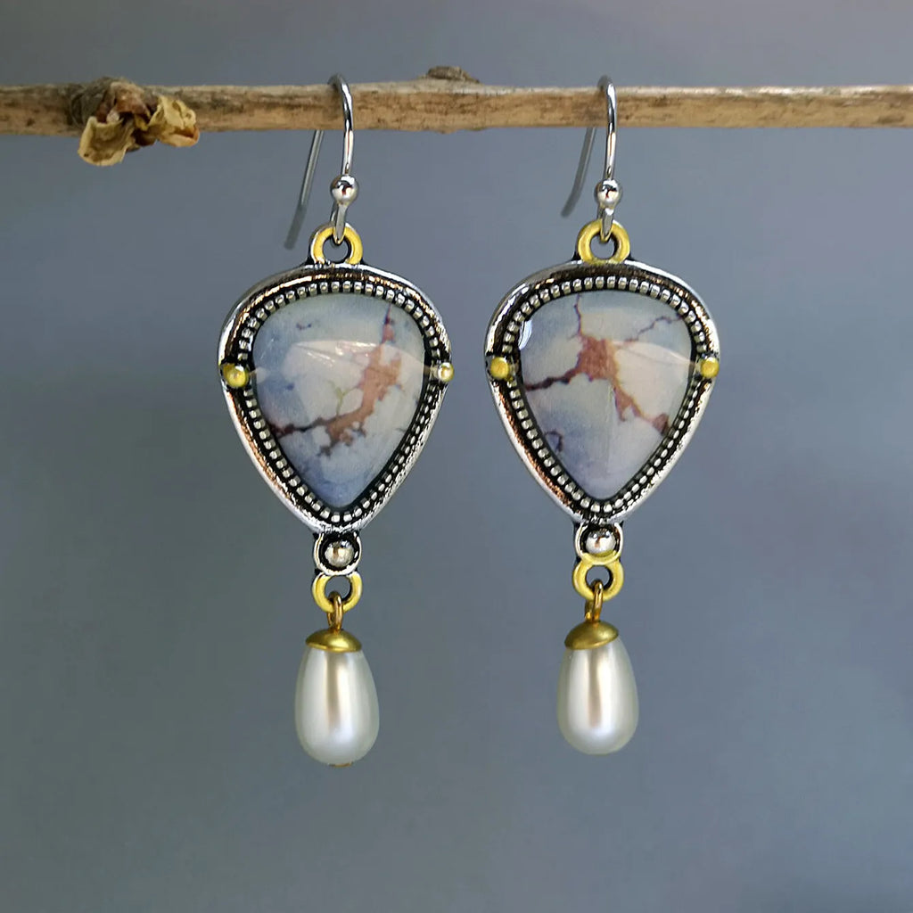 Retro blue geometric drop earrings with synthetic opal and pearl on electroplated metal