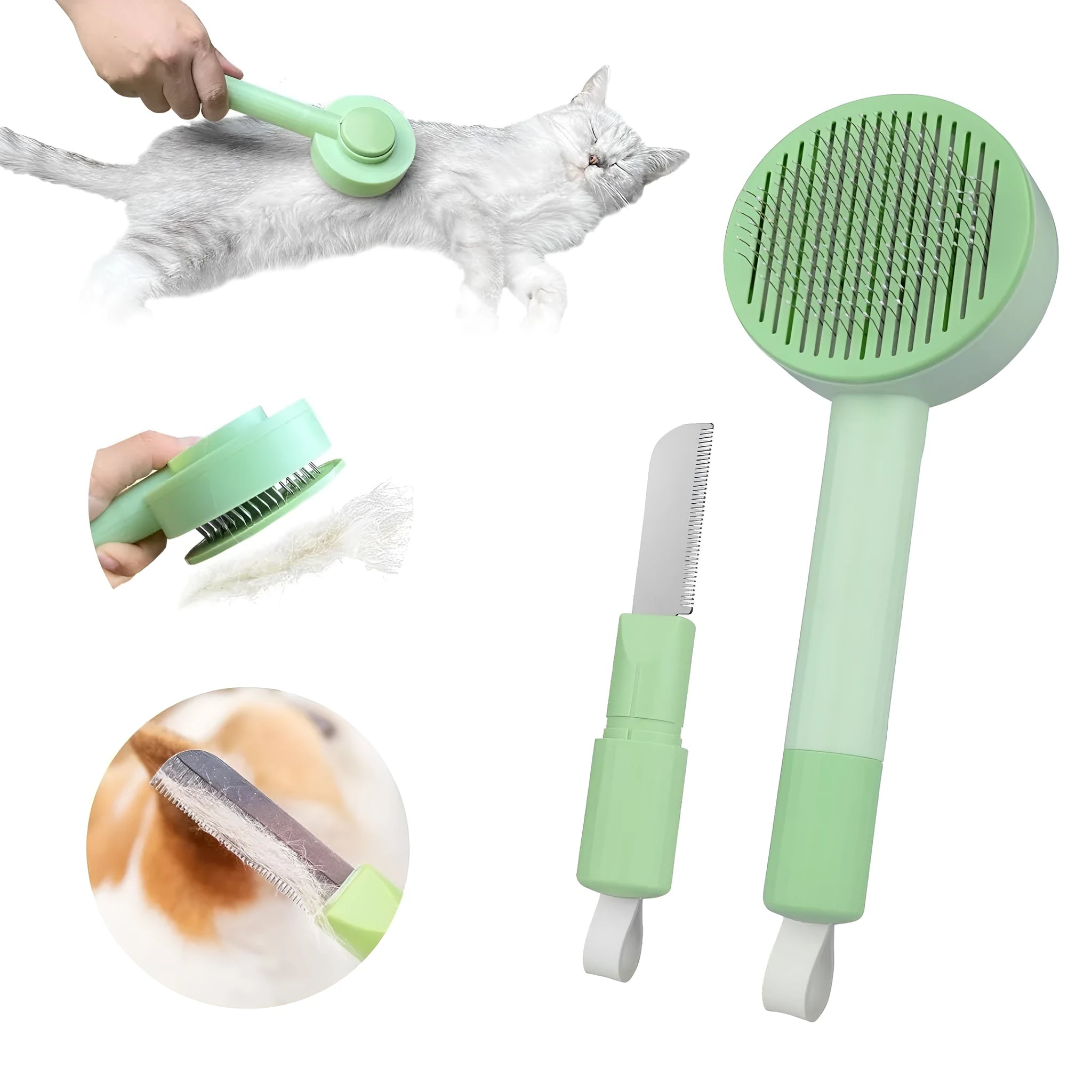 Green and yellow pet grooming brush with stainless steel bristles for cats and dogs
