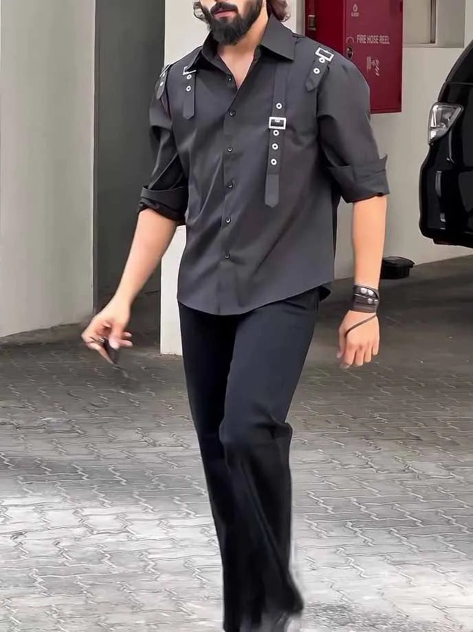 Men's black utility-style button-up shirt with regular fit on mannequin