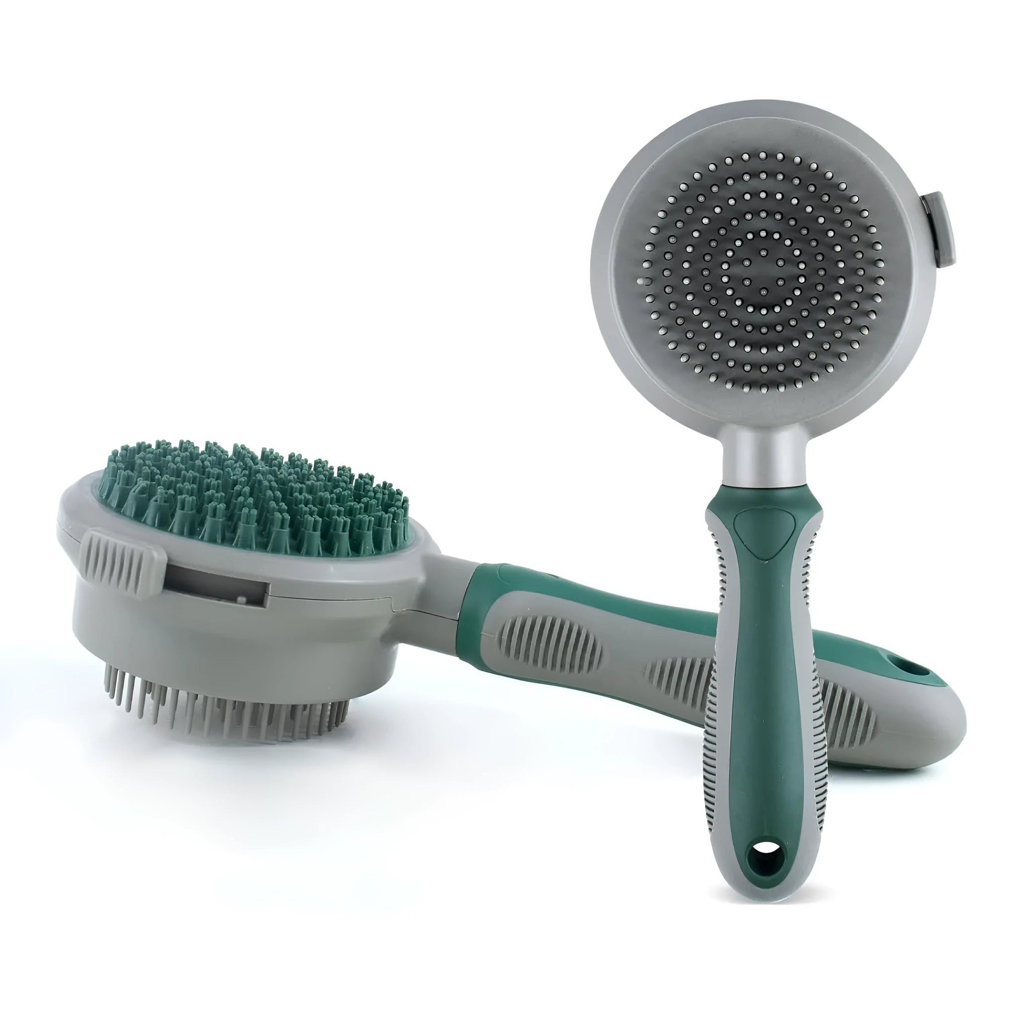 Green and pink 2-in-1 silicone cat grooming brush showing slicker brush and massage heads