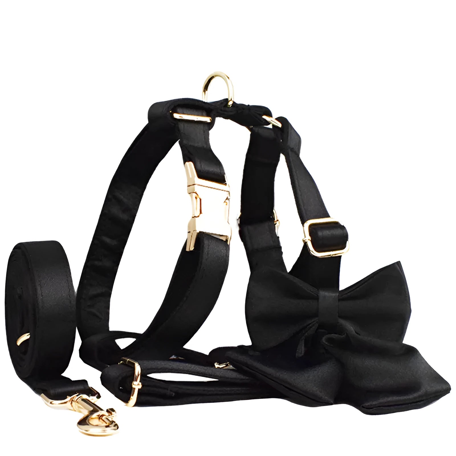 Cloth dog collar and leash set with matching decorative bow and dog vest on a size chart showing S, M, L, XL.
