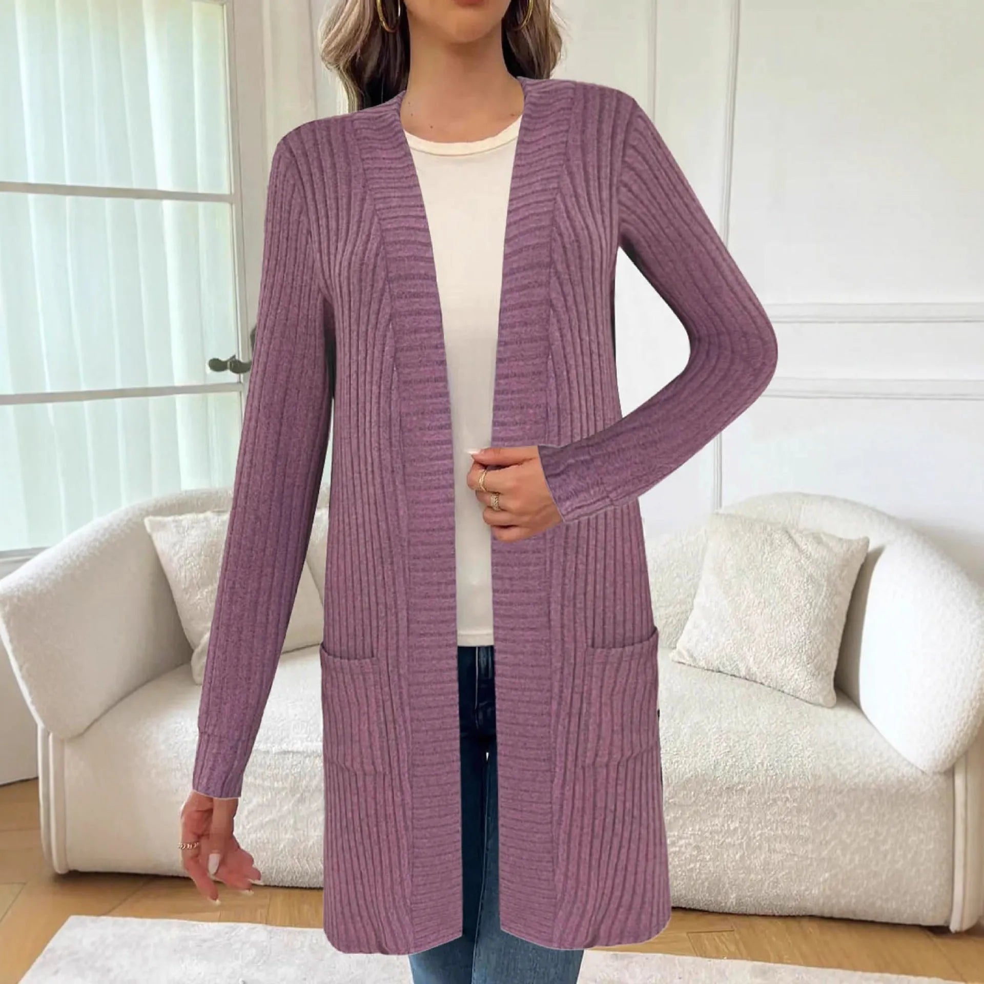 Long sleeve loose pocket cardigan jacket in polyester, shown in black, wine red, or grey.