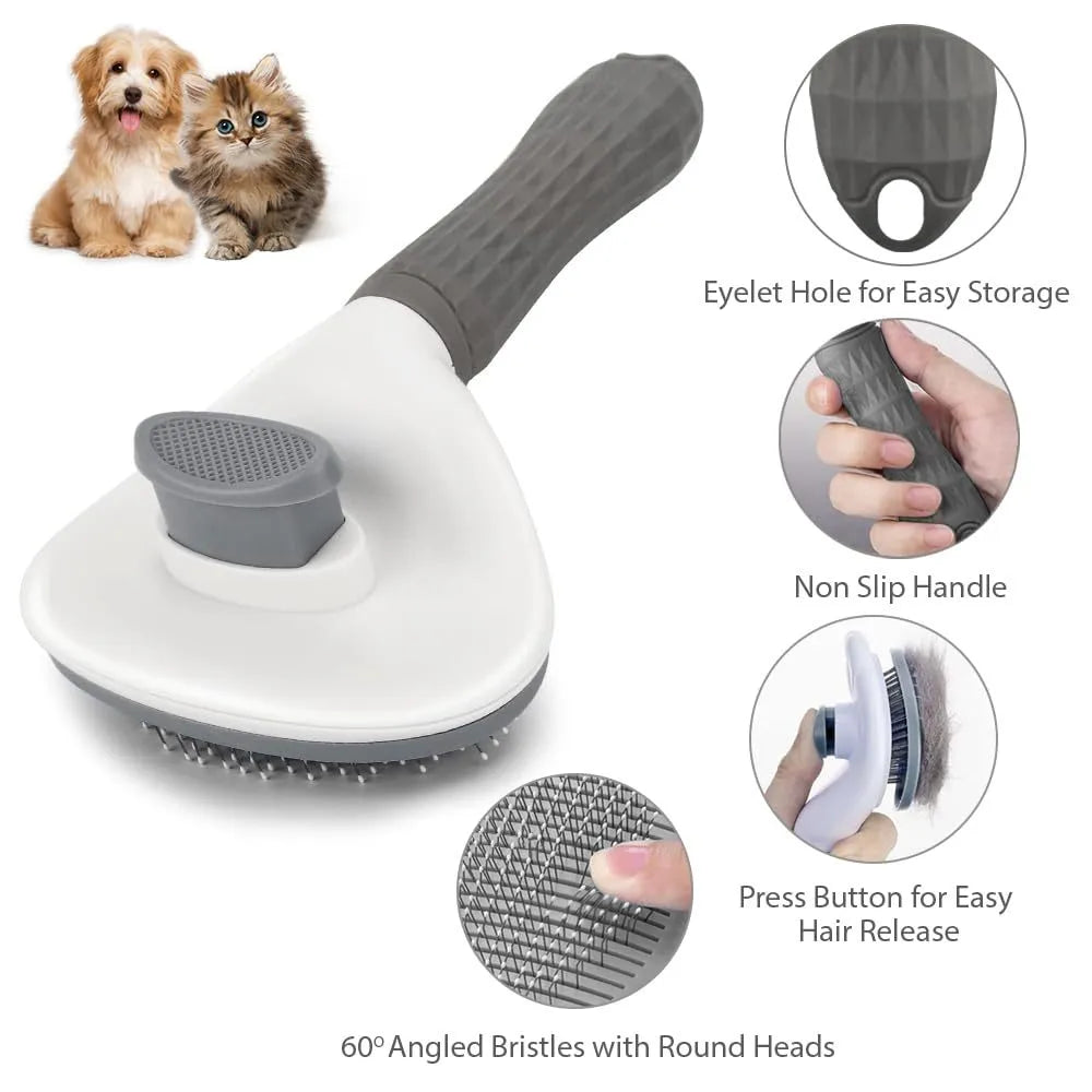 Blue cat grooming brush with release button for removing loose fur and tangles