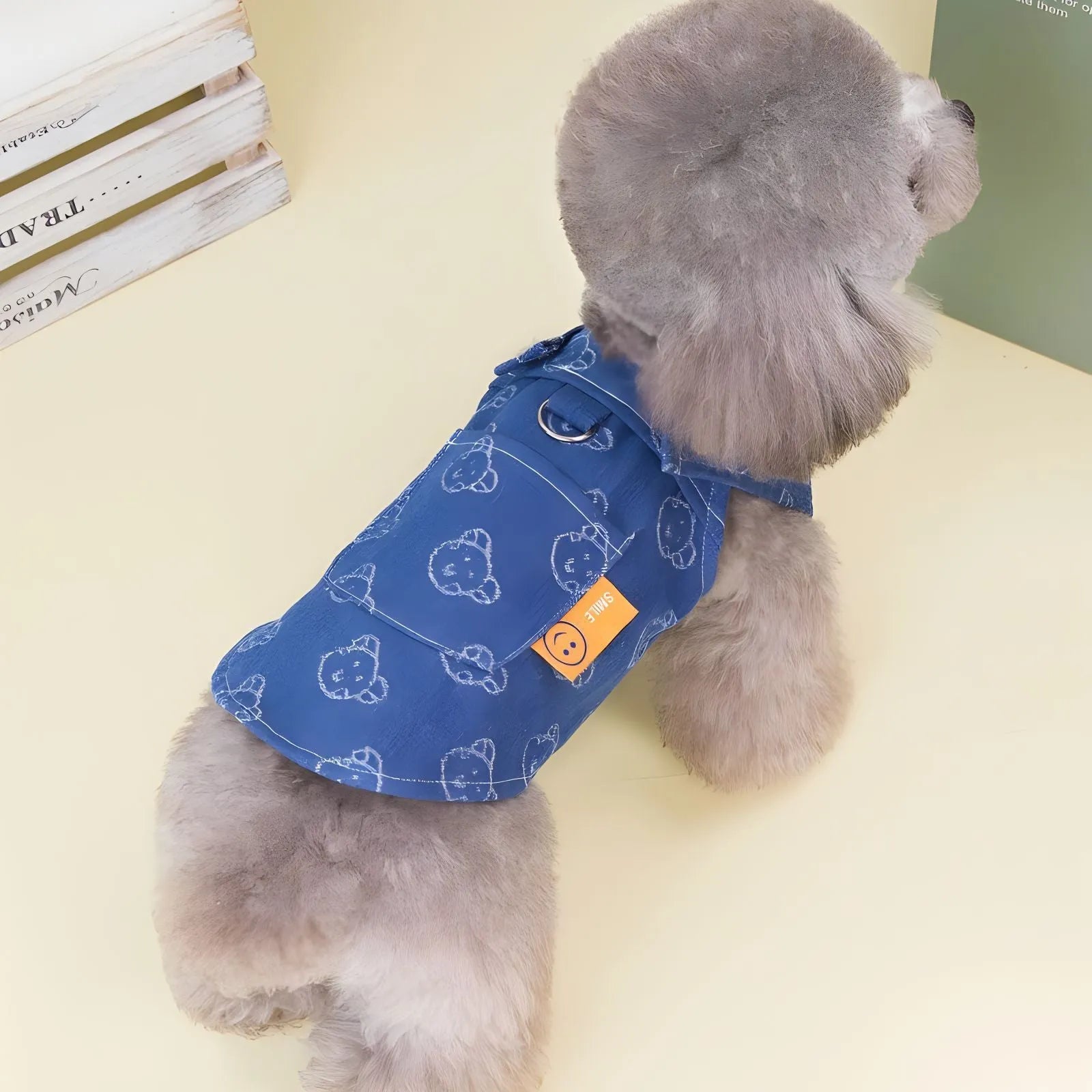 Small dog wearing denim princess dress with bracket skirt design for spring and autumn seasons