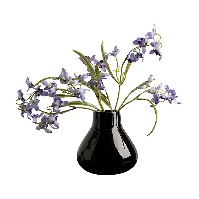 Ceramic round belly vase in black or white with French modern style and optional artificial orchid flowers