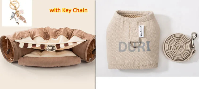 Collapsible cloth cat tunnel shown in a pop-up cylinder shape and folded flat, in a choice of colours.