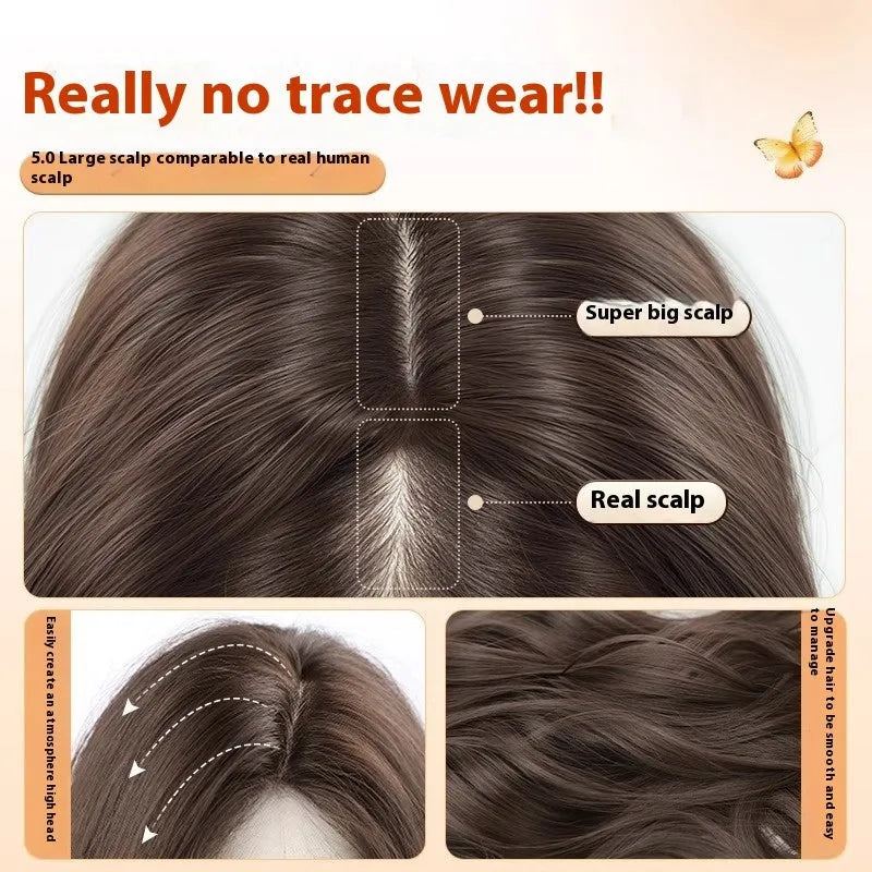 Women's full head wig with long curly artificial hair and side bangs in natural styling