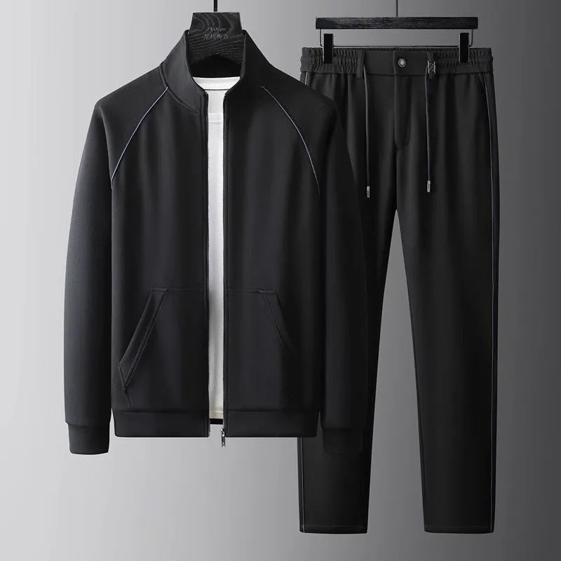 Men's slim fit stand collar casual sports suit jacket and trousers in Vinylon fabric