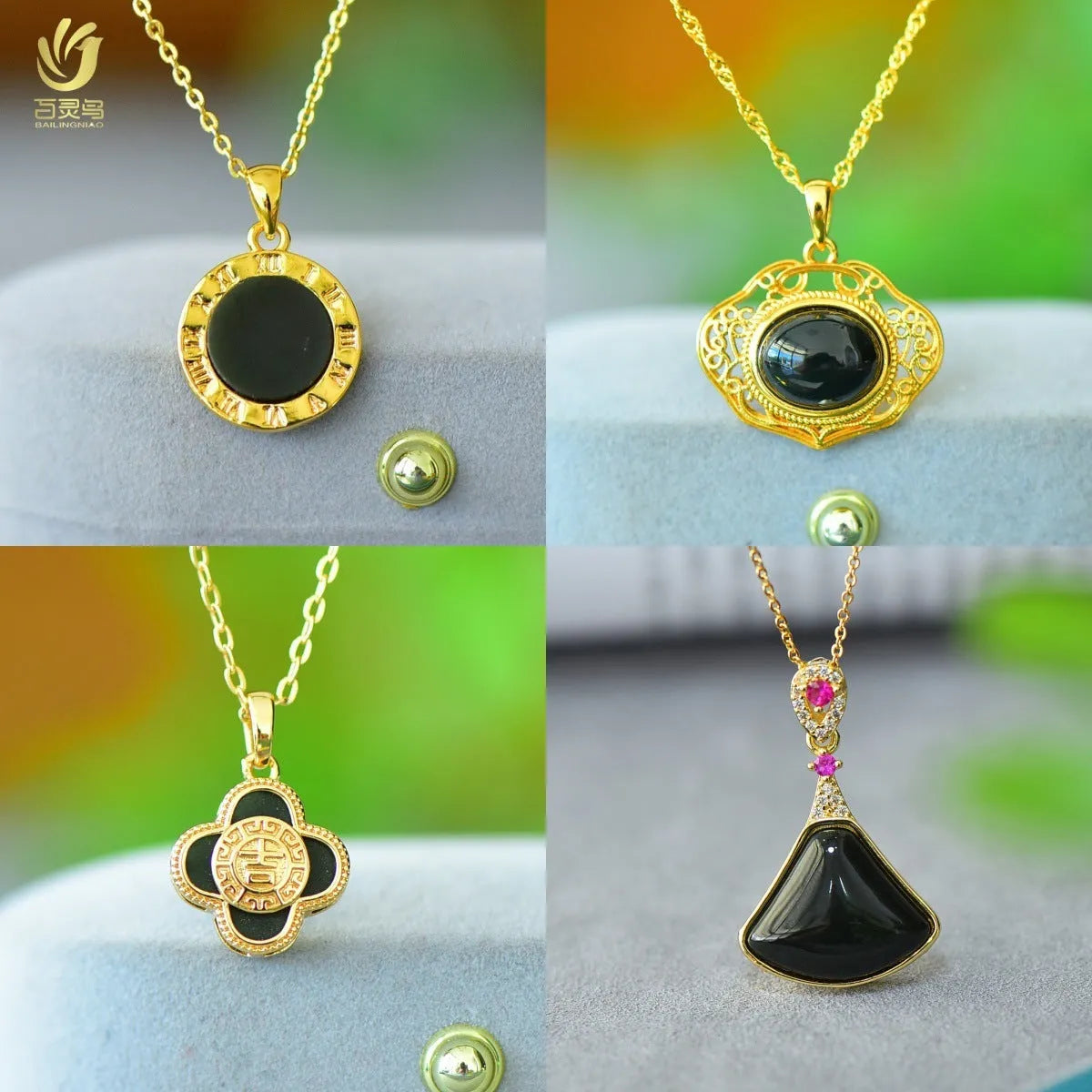 Flat natural Hetian Jade pendant with copper inlay design on a necklace chain