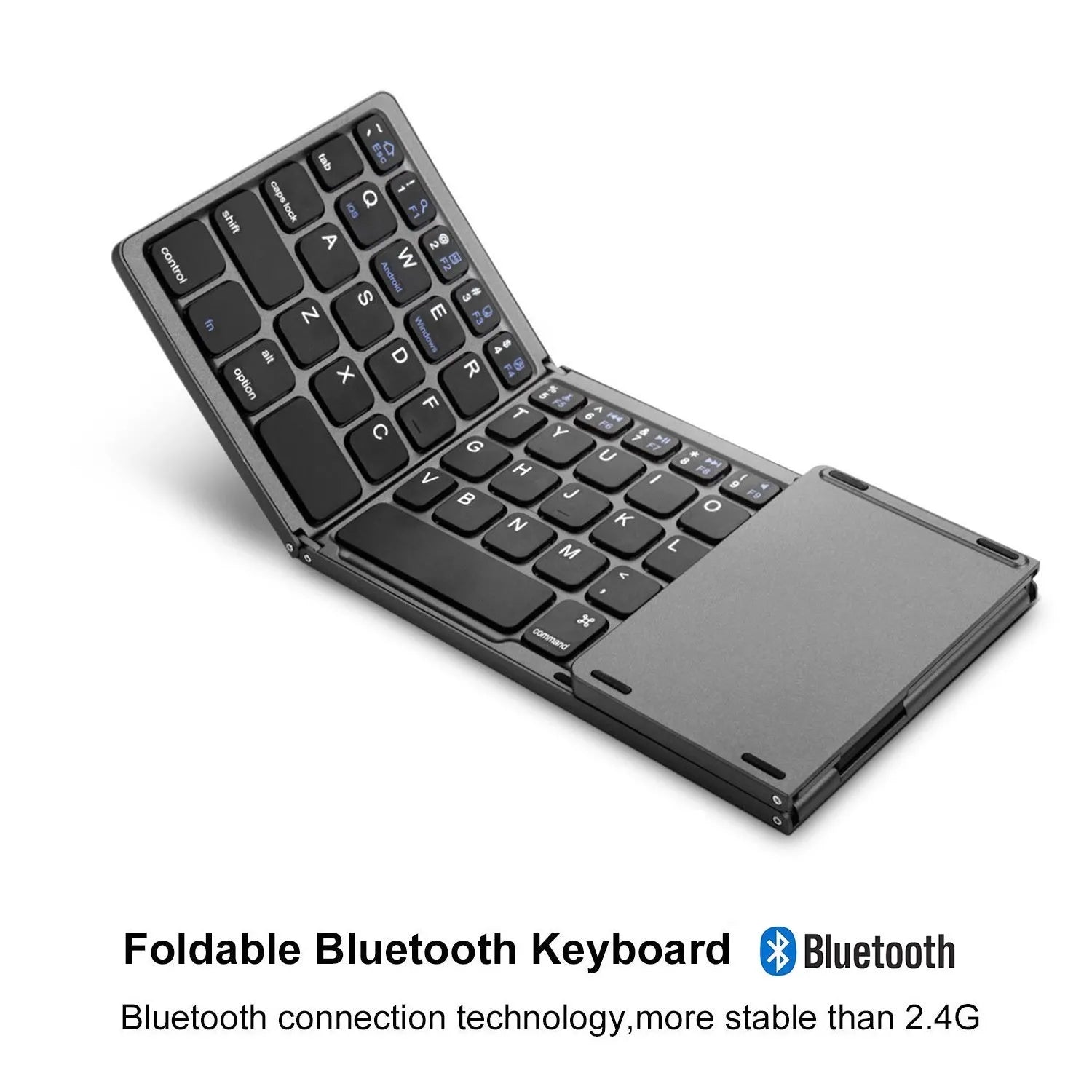 Tri-fold Bluetooth keyboard shown in black and silver colours with compact folded design