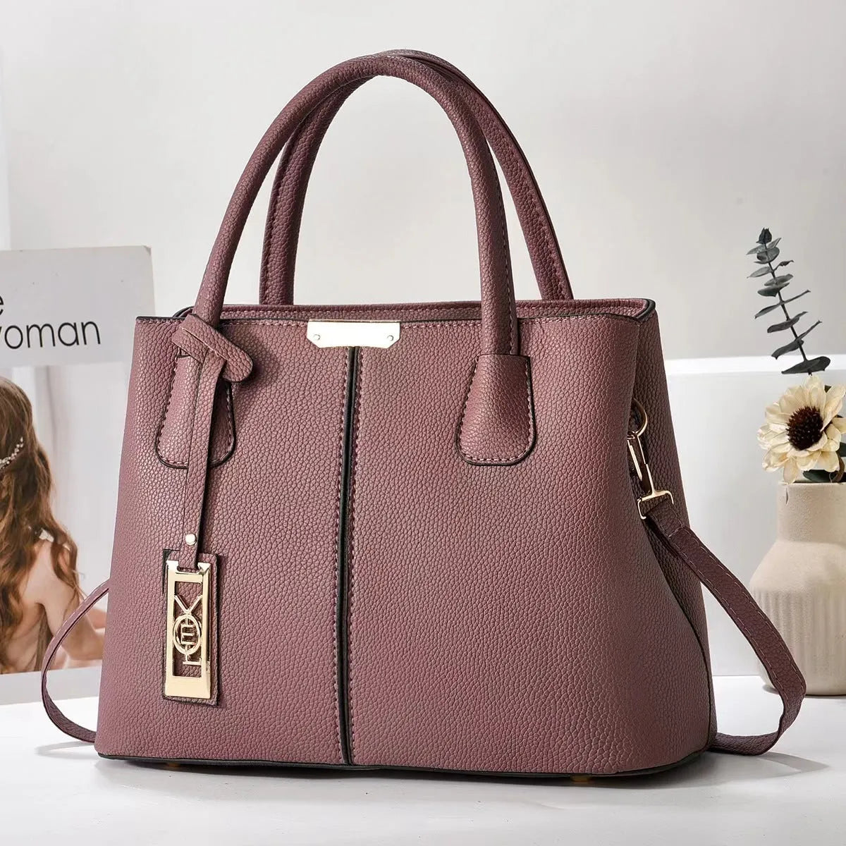 Women's large capacity square shoulder bag in soft PU leather with leather strap