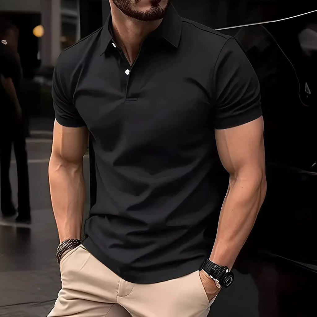Men's slim fit solid colour short sleeve button-up shirt on a hanger
