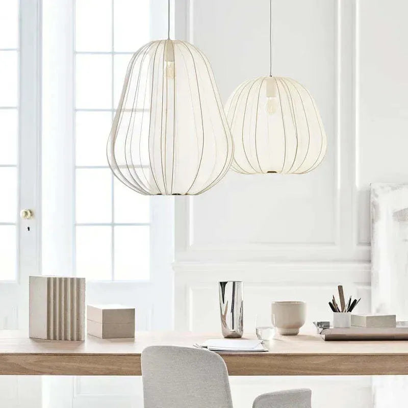 Japanese style pumpkin ceiling lamp with branch design in white finish showing LED illumination