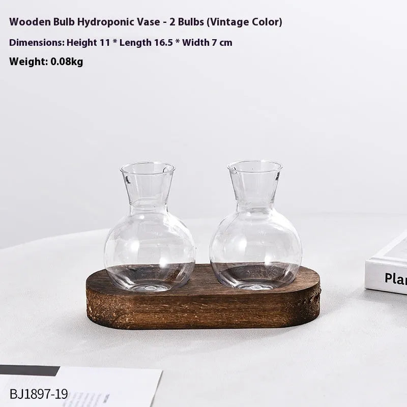 Wooden frame transparent hydroponic vase set with multiple PET glass containers in modern simplicity design