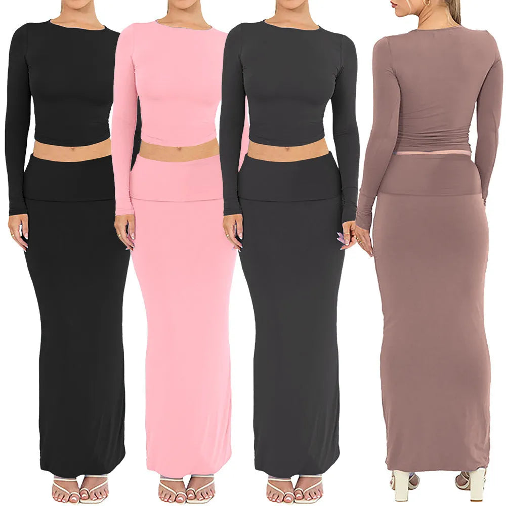Women's sweet style two-piece suit set with long skirt and three-quarter sleeve top