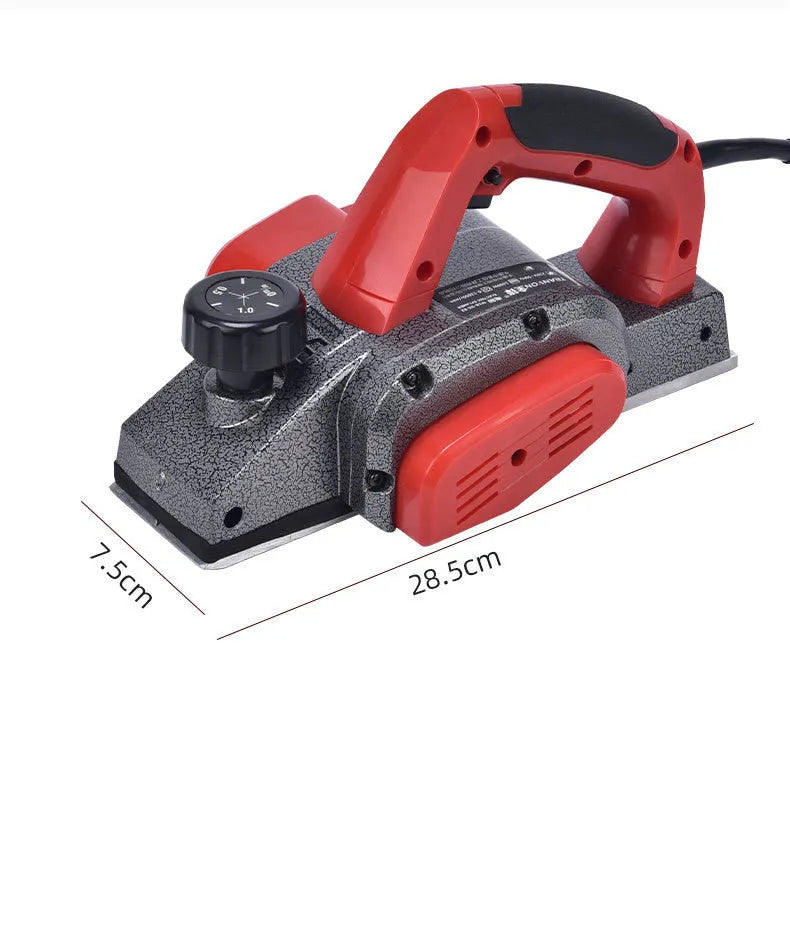 Red aluminium electric wood planer with 82mm working width for desktop woodworking