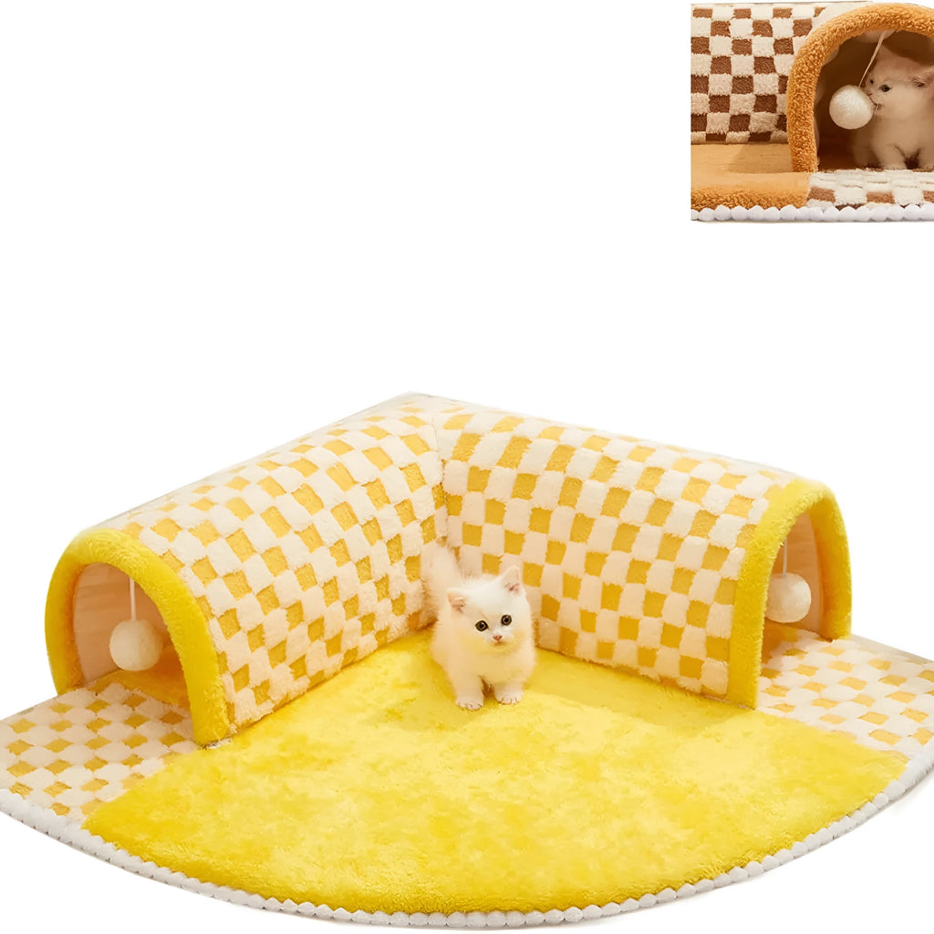 Brown plush plaid cat tunnel bed with central mat for indoor cats