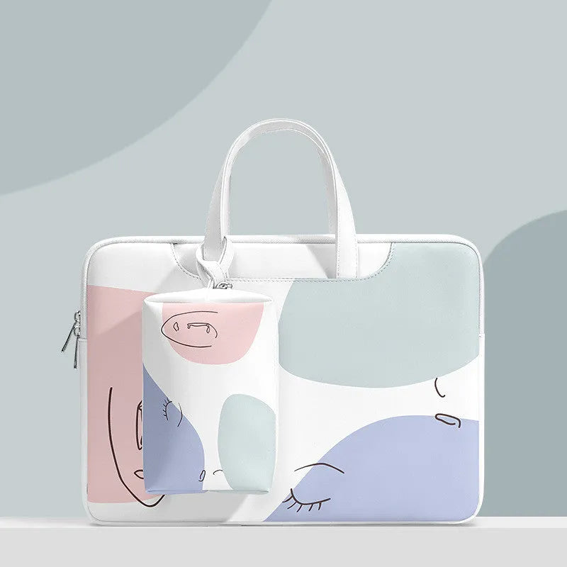 Blue PU leather 15.6-inch laptop bag with a soft handle and zipper opening.