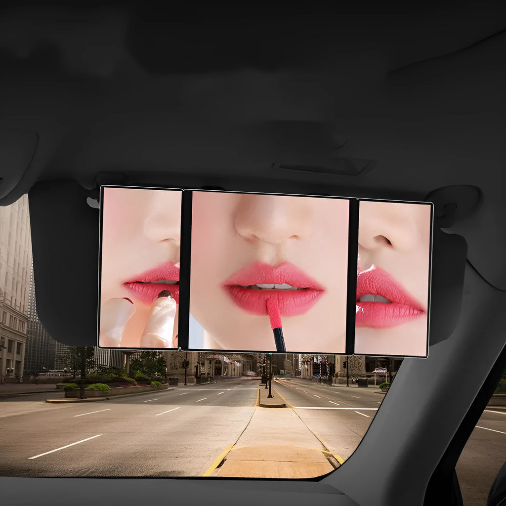 Silver folding car visor makeup mirror shown open and closed