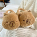 Light brown cartoon pattern women's winter slippers with plush cotton upper and artificial wool lining
