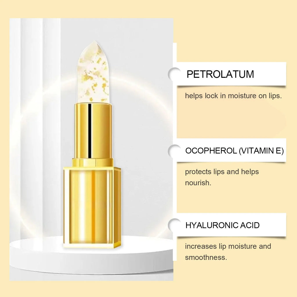 Gold foil nourishing lipstick bullet in a 2.6cm diameter case, net weight 3.5g.