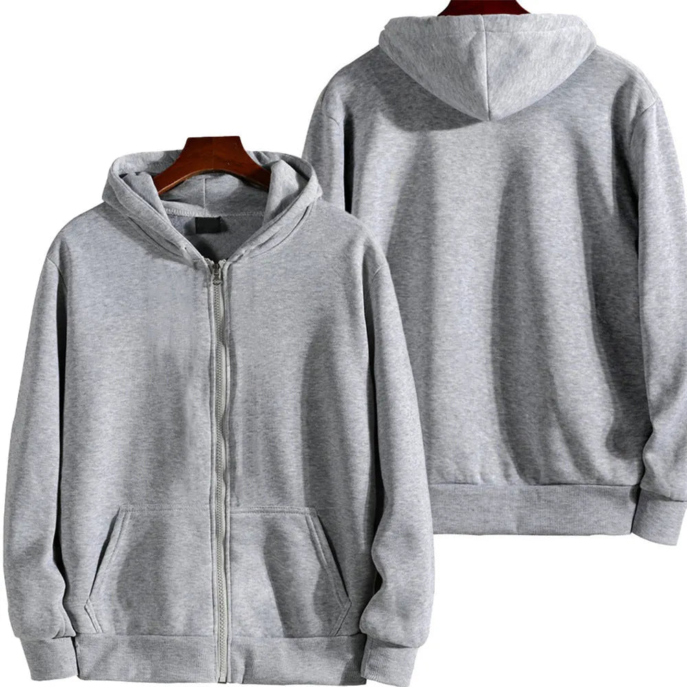 Men's loose fit solid colour zip front jacket in black, shown on a hanger.