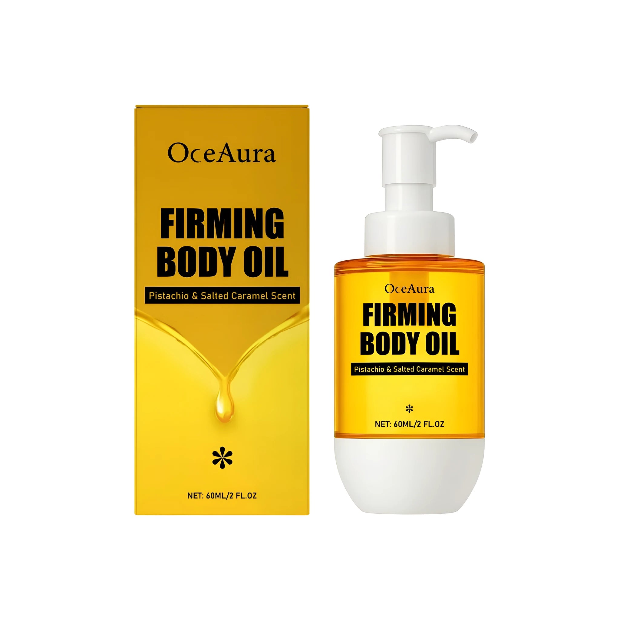 60ml bottle of caramel-coloured tightening body oil with ingredients glycerin and pistachio seed oil