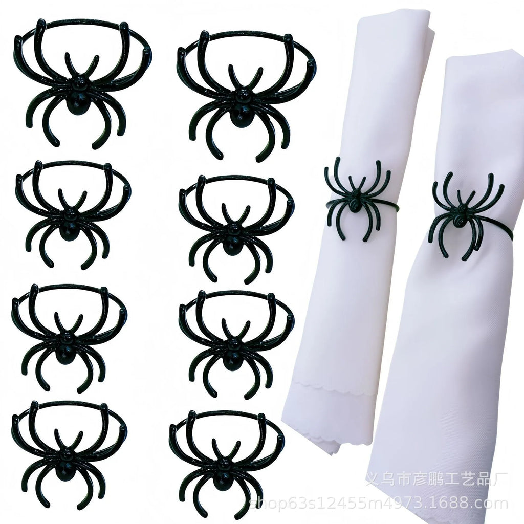 Set of six black spider Halloween napkin rings made from alloy material