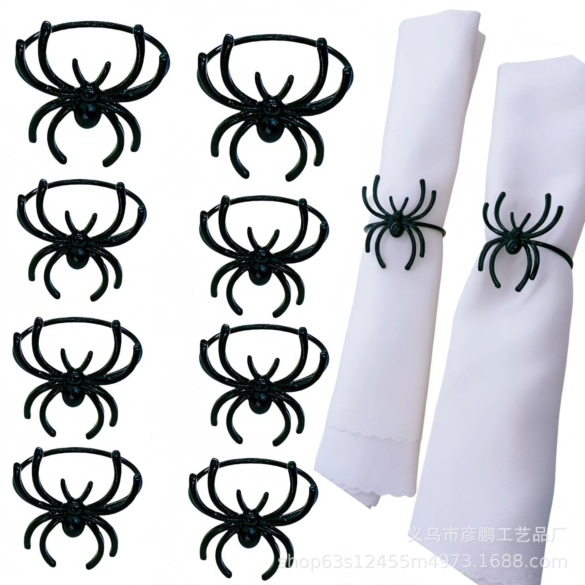 Set of six black spider Halloween napkin rings made from alloy material