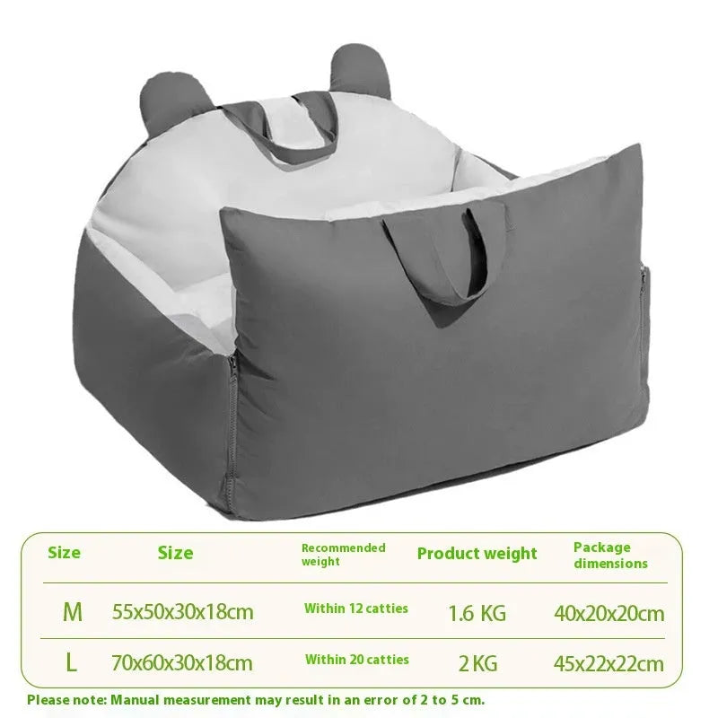 Universal removable washable dog car kennel in blue beige colour, shown in L size 70x60x30cm