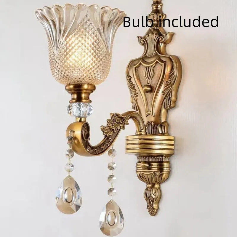 Retro crystal glass wall lamp with European style 1-head design for bedside or corridor