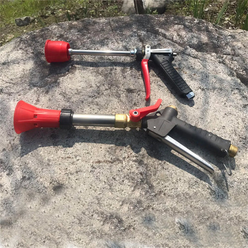 A plastic submachine gun style adjustable high-pressure spray gun for agricultural use.