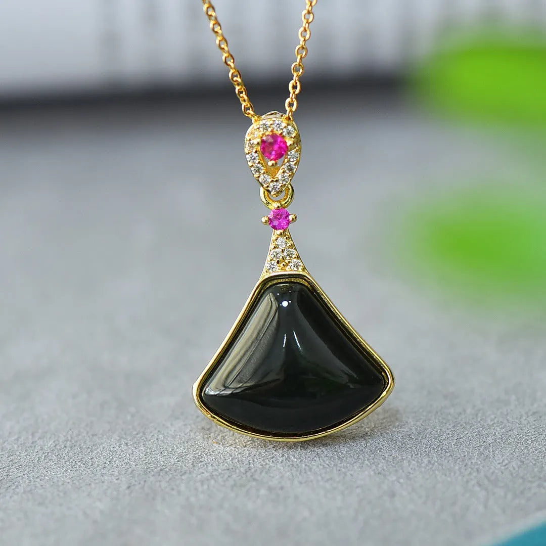 Flat natural Hetian Jade pendant with copper inlay design on a necklace chain