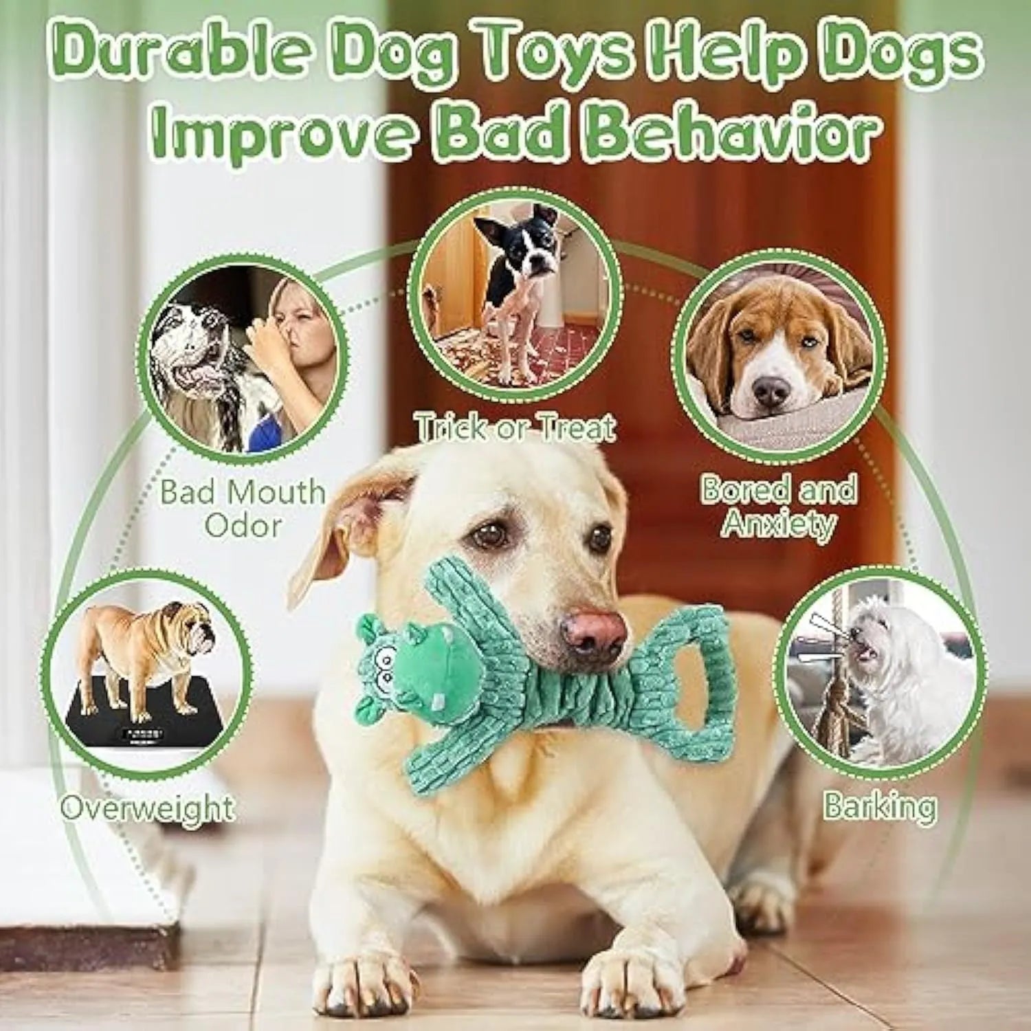 Large squeaky plush dog toy in hippo or monkey design with a handle base for tug of war games