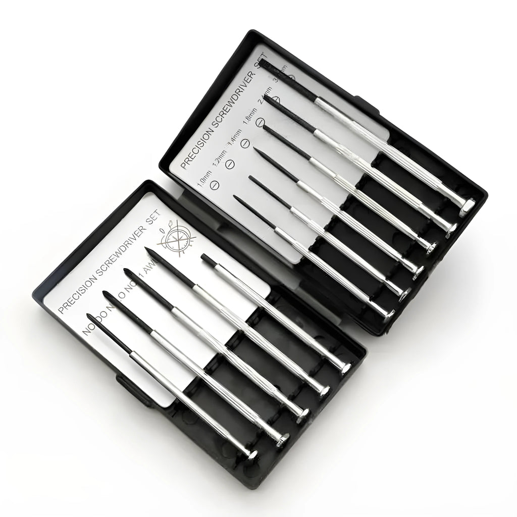 TH-6177 11-piece clock repair and electronics screwdriver set with assorted heads on a white background.