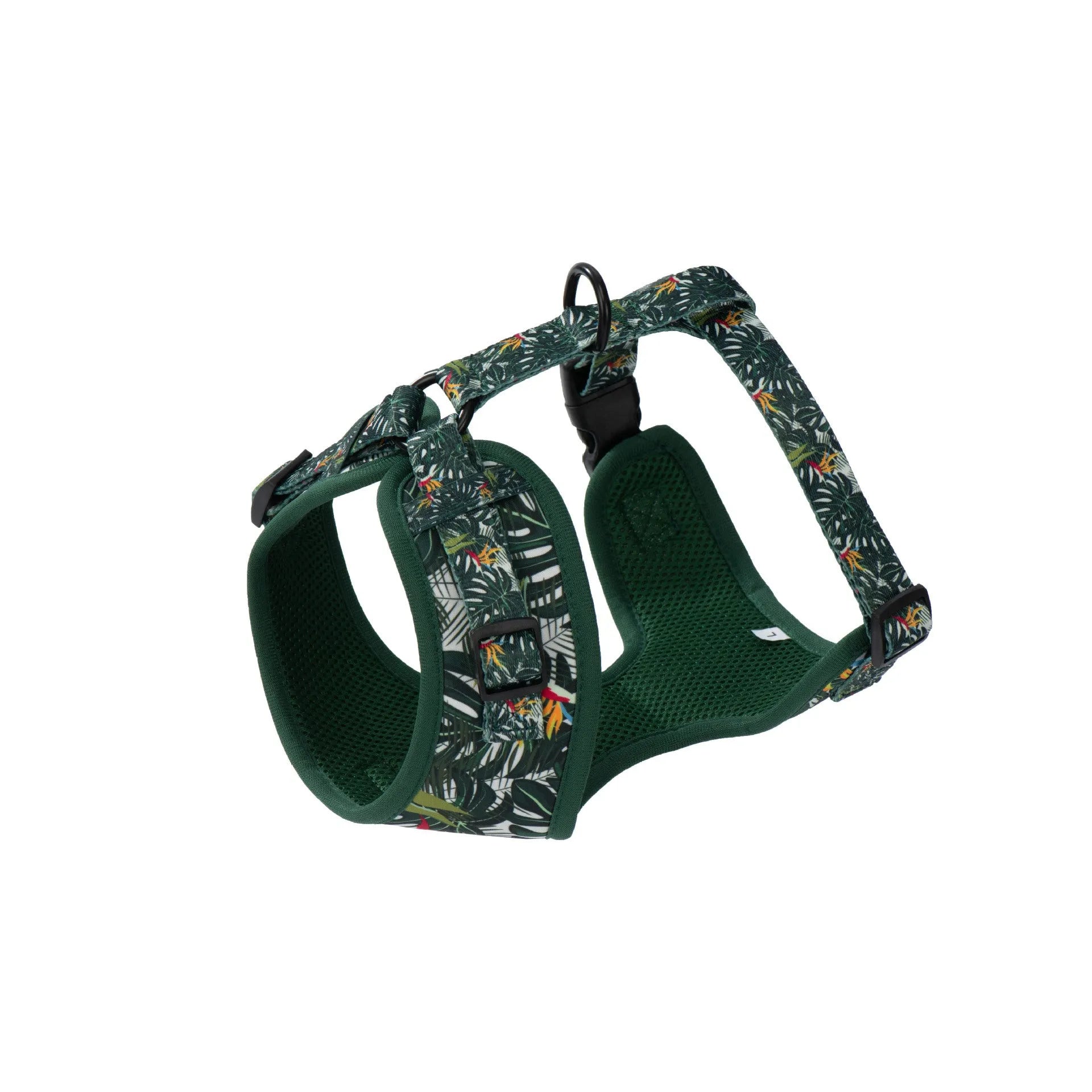 Adjustable cloth dog harness set with leash, collar, waste bag and decorative accessories in six-piece package