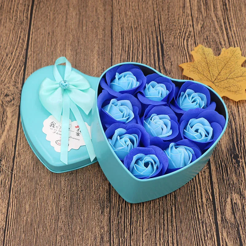 Soap flower gift box heart shaped tin box with bear figure red pink blue purple gradient handmade